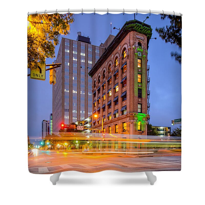 Downtown Shower Curtain featuring the photograph Twilight Photograph of the Flatiron Building in Downtown Fort Worth - Texas by Silvio Ligutti