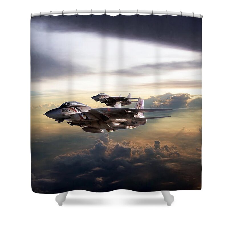 Aviation Shower Curtain featuring the digital art Twilight's Last Gleaming by Peter Chilelli