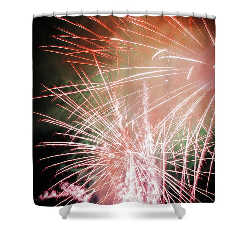 Fireworks Shower Curtain featuring the photograph Twin Bursts by Jeff Kurtz