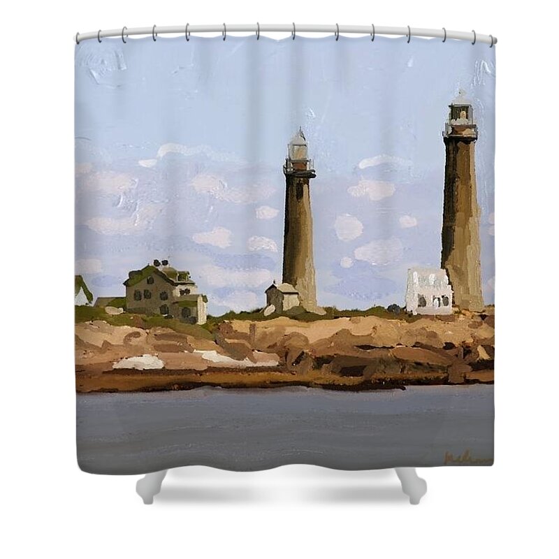 Twin Lights Shower Curtain featuring the photograph Twin Lights at Thatcher's Island, Rockport, MA by Melissa Abbott