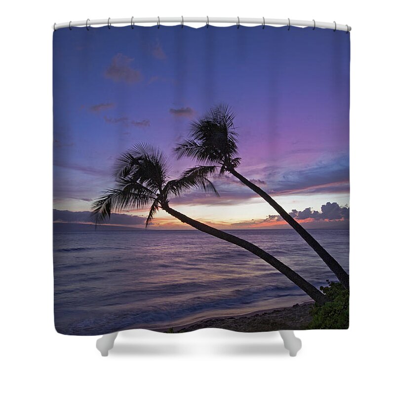 Maui Marriot Sunset Palmtrees Seascape Ocean Shower Curtain featuring the photograph Twin Palms by James Roemmling