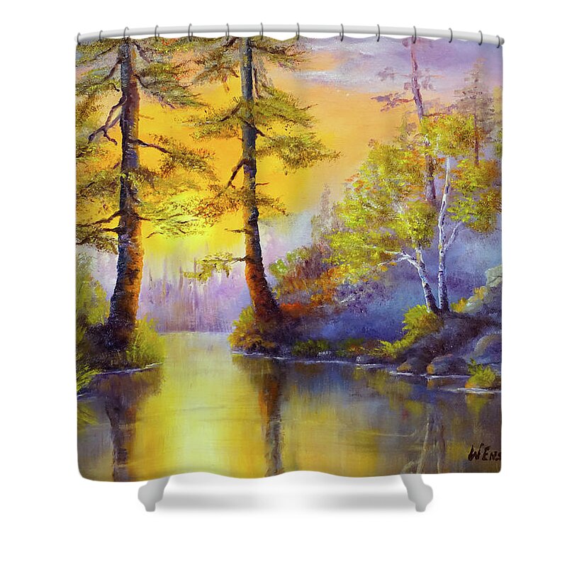 Landscape Shower Curtain featuring the painting Twin Pines by Wayne Enslow