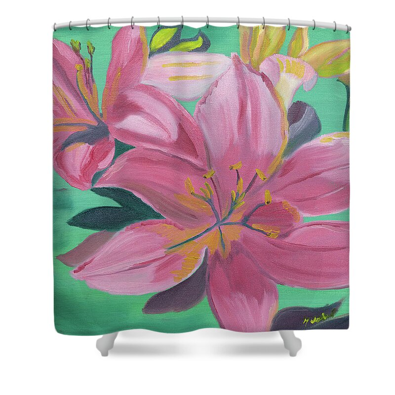 Pink Flowers Shower Curtain featuring the painting Twinkle Petals by Meryl Goudey