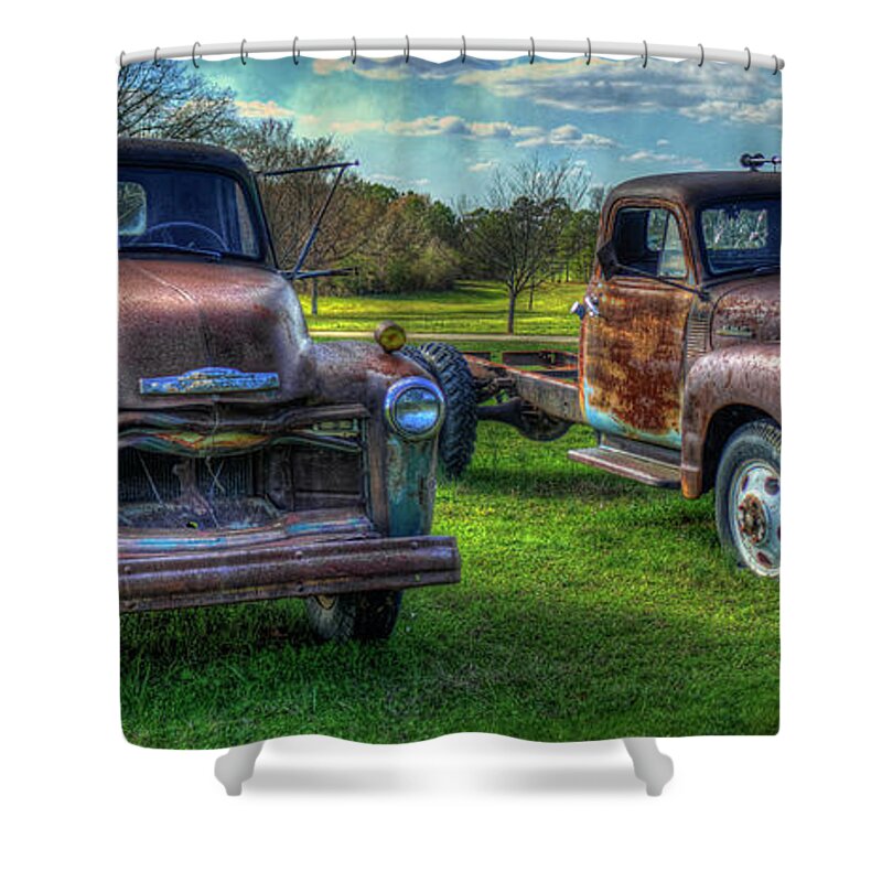 Reid Callaway Almost Twins Shower Curtain featuring the photograph Almost Twins 1952 Chevrolet 1952 GMC Flatbed Truck Art by Reid Callaway