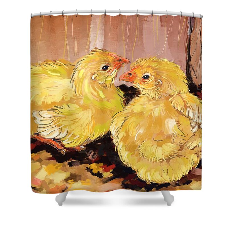 Animal Shower Curtain featuring the digital art Two baby Cornish chicks by Debra Baldwin