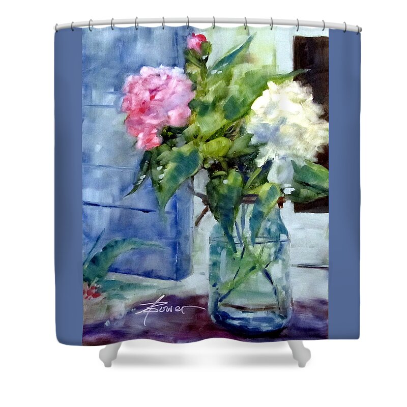 Flowers Shower Curtain featuring the painting Two Beauties and A Bud by Adele Bower