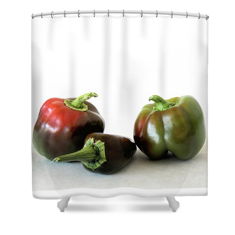 Bell Peppers Shower Curtain featuring the photograph Two Bell Peppers and One Pablano Pepper by David and Carol Kelly