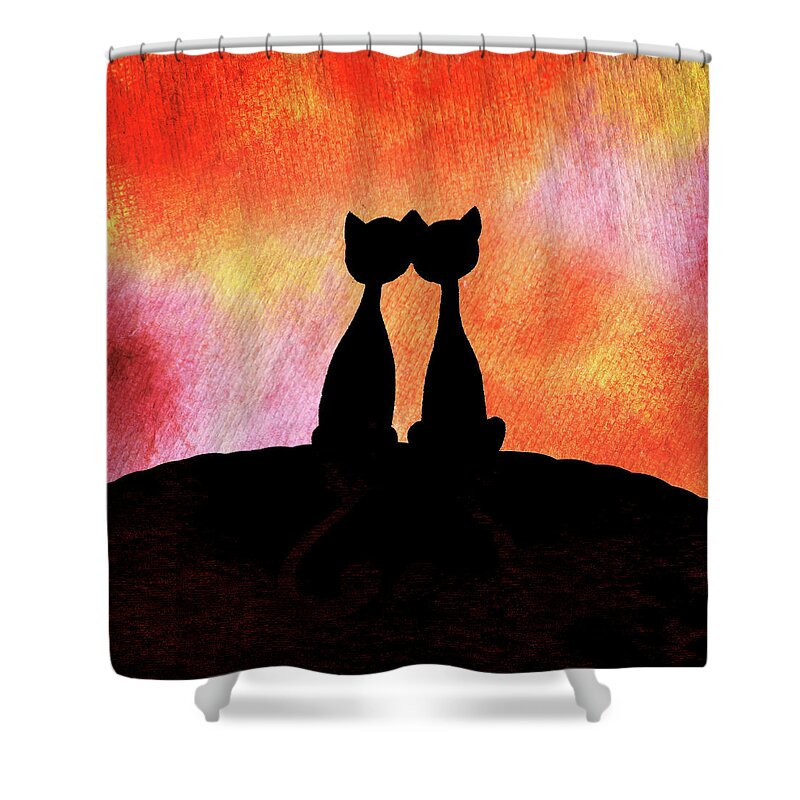 Cat Shower Curtain featuring the painting Two Cats And Sunset Silhouette by Irina Sztukowski
