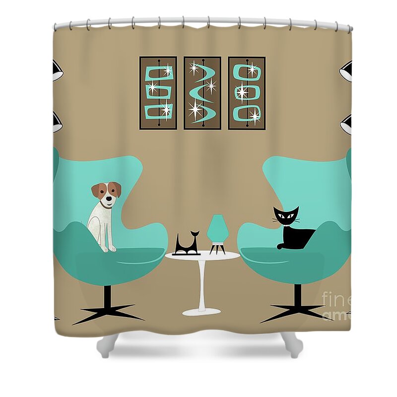 Mid Century Modern Shower Curtain featuring the digital art Two Egg Chairs with Dog and Cat by Donna Mibus