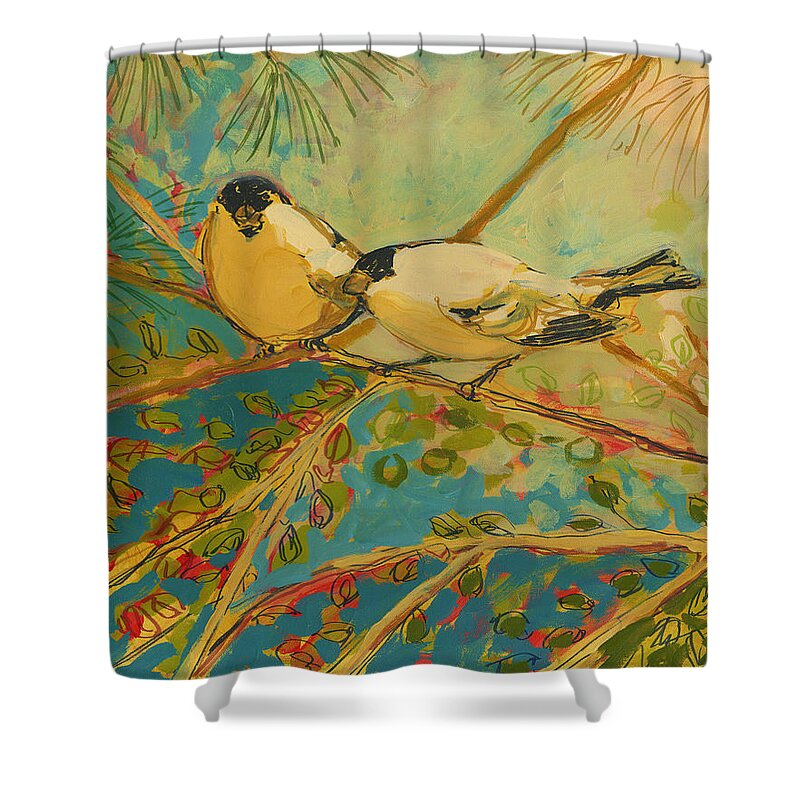 Bird Shower Curtain featuring the painting Two Goldfinch Found by Jennifer Lommers