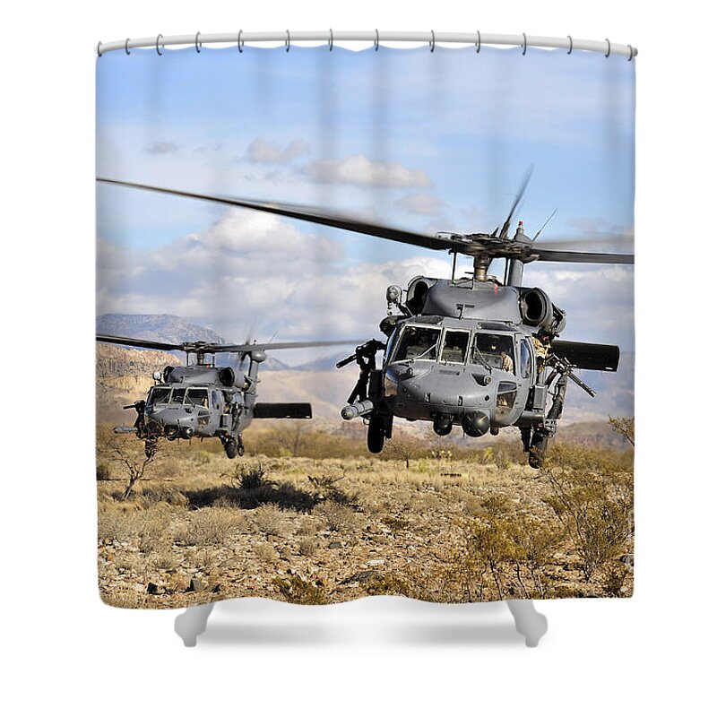 Military Shower Curtain featuring the photograph Two Hh-60 Pavehawk Helicopters by Stocktrek Images
