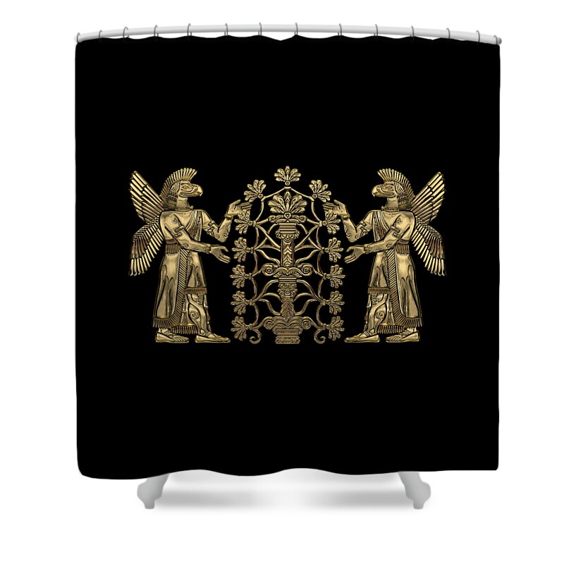 ‘treasures Of Mesopotamia’ Collection By Serge Averbukh Shower Curtain featuring the digital art Two Instances of Gold God Ninurta with Tree of Life over Black Canvas by Serge Averbukh