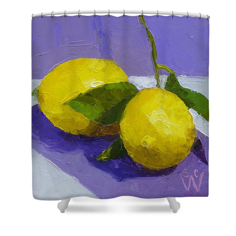Oil Painting Shower Curtain featuring the painting Two Lemons by Susan Woodward