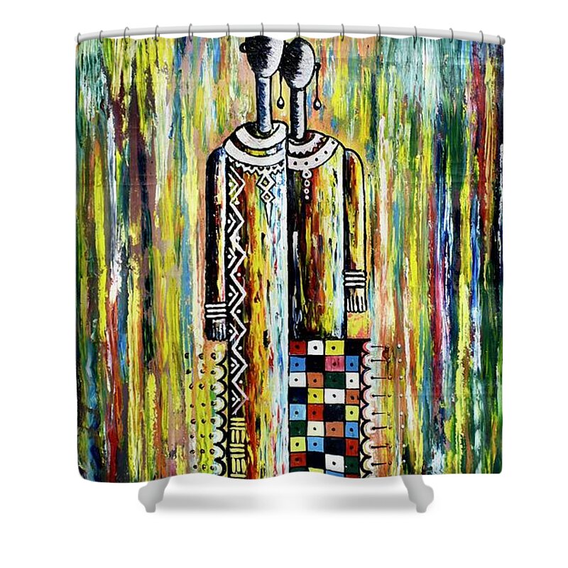 African Artists Shower Curtain featuring the painting Two Loves by Femi
