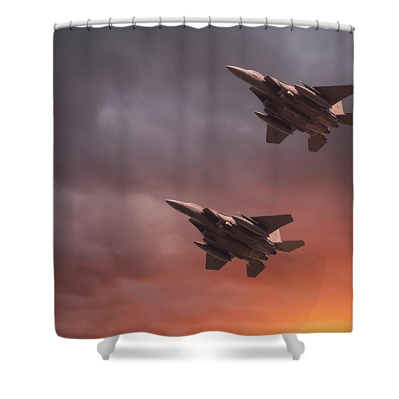 Usaf Shower Curtain featuring the photograph Two low flying F-15E Strike Eagles at sunset by Simon Bratt