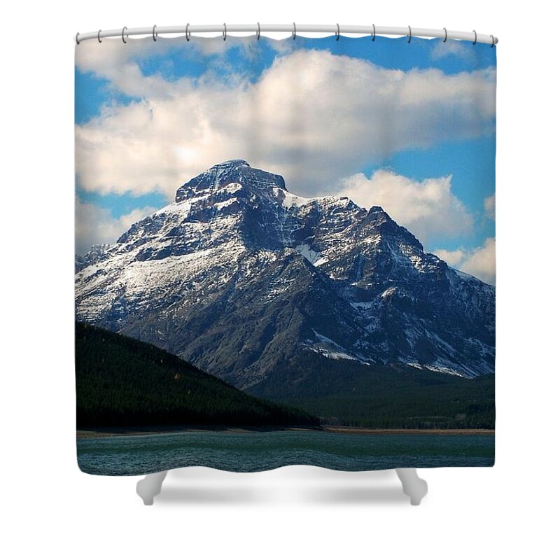 Rising Wolf Mountain Shower Curtain featuring the photograph Two Medicine Lake and Rising Wolf Mountain by Tracey Vivar