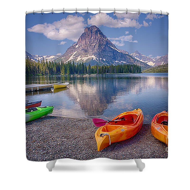 Kayak Shower Curtain featuring the photograph Two Medicine Lake Reflections by Priscilla Burgers