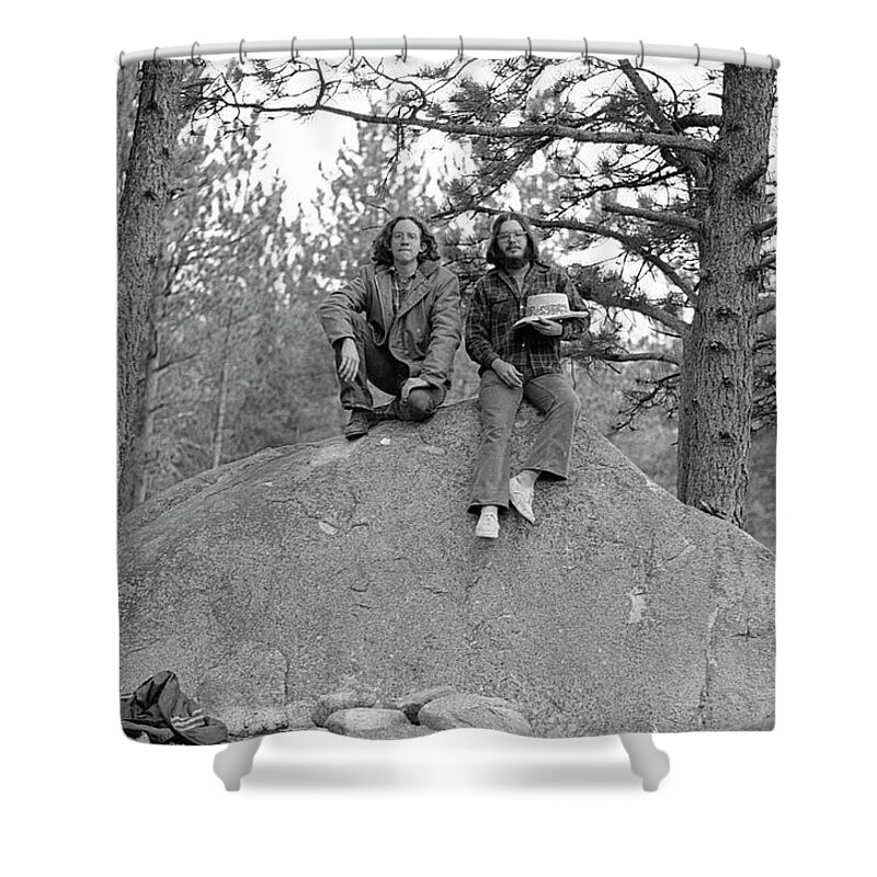 American West Shower Curtain featuring the photograph Two Men on a Boulder in the American West, 1972 by Jeremy Butler