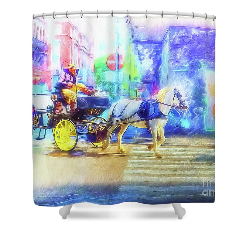  Shower Curtain featuring the digital art Two Nights in Brussels 9 - One Horse-Powered by Leigh Kemp