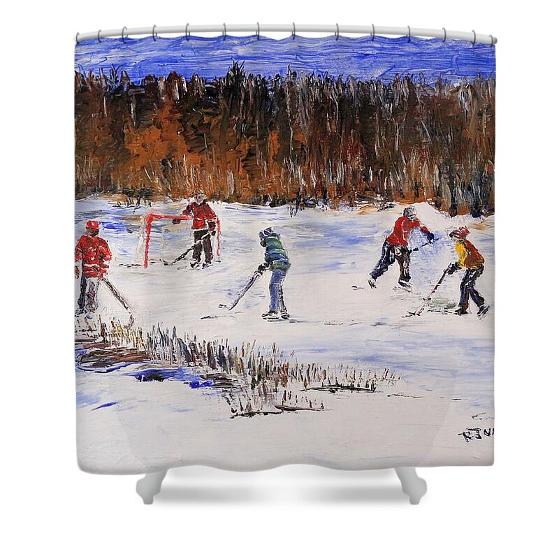 Hockey Shower Curtain featuring the painting Two on Two on the Frozen Pond by Richard Jules