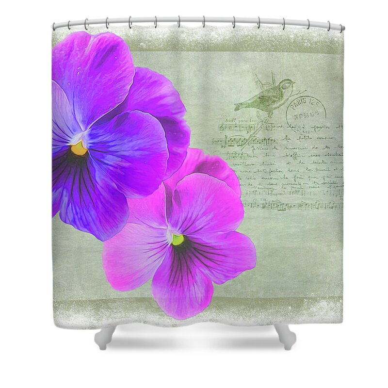 Pink Shower Curtain featuring the photograph Two Pansies by Cathy Kovarik
