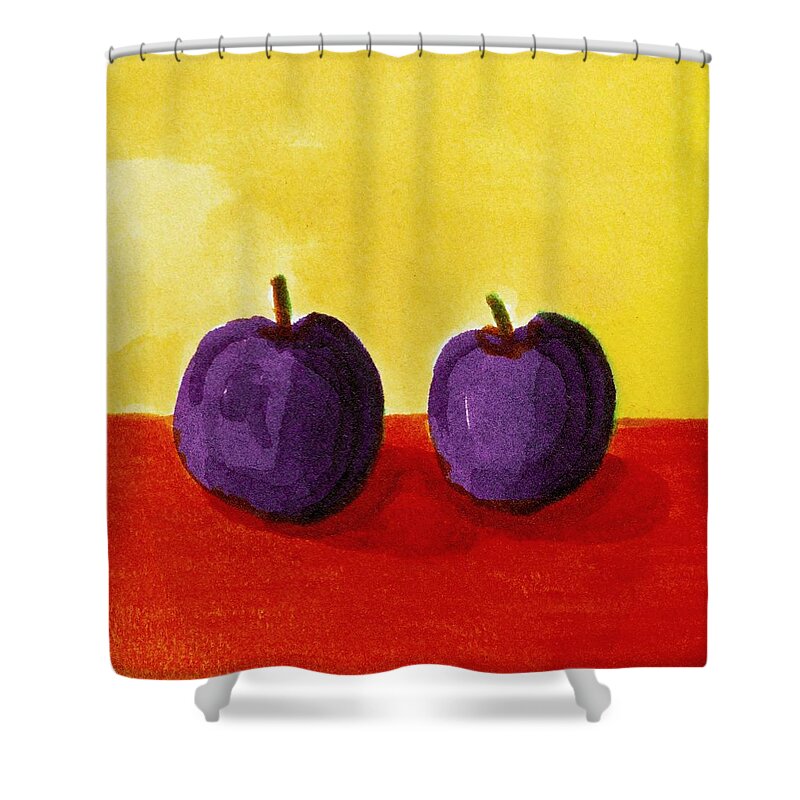 Yellow Shower Curtain featuring the painting Two Plums by Michelle Calkins