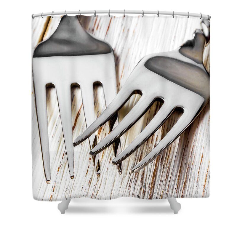Table Shower Curtain featuring the photograph Two Silver Forks by Garry Gay