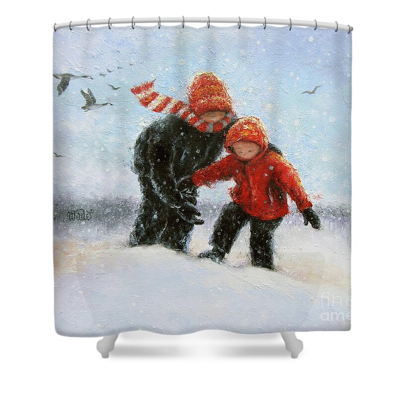 Two Snow Children Shower Curtain featuring the painting 			Two Snow Children		 by Vickie Wade