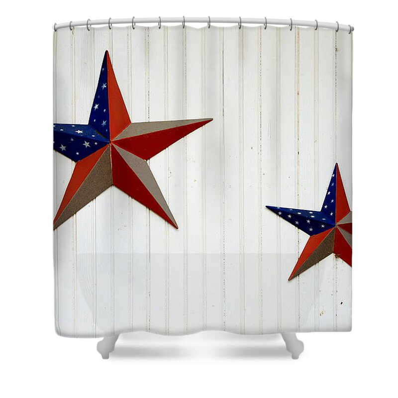 Red White Blue Patriotic Us Usa U.s. U.s.a. Star Starr Flag Shower Curtain featuring the photograph Two Stars 6938 by Ken DePue