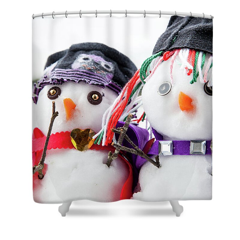 Snowmen Shower Curtain featuring the photograph Two stylish snowmen dressed beautifully by Simon Bratt