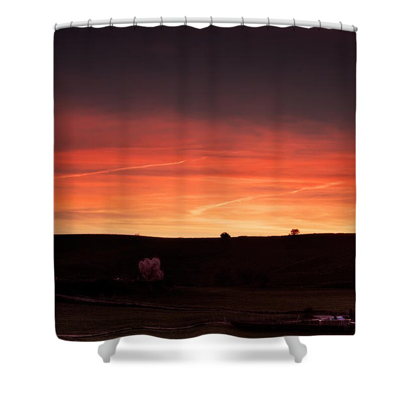 Red Shower Curtain featuring the photograph Two trees and a red sunset by Weston Westmoreland