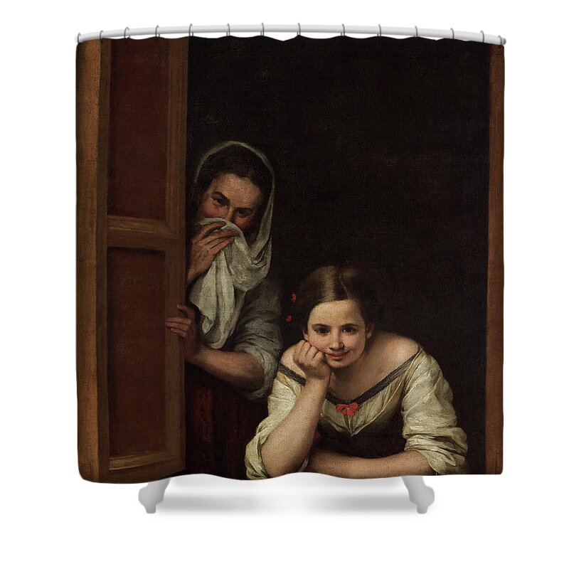 Bartolome Esteban Murillo Shower Curtain featuring the painting Two Women at a Window by Bartolome Esteban Murillo