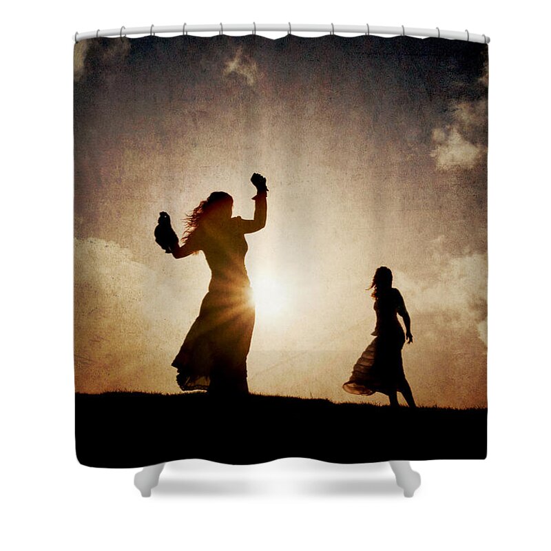 Woman Shower Curtain featuring the photograph Two women dancing at sunset by Clayton Bastiani