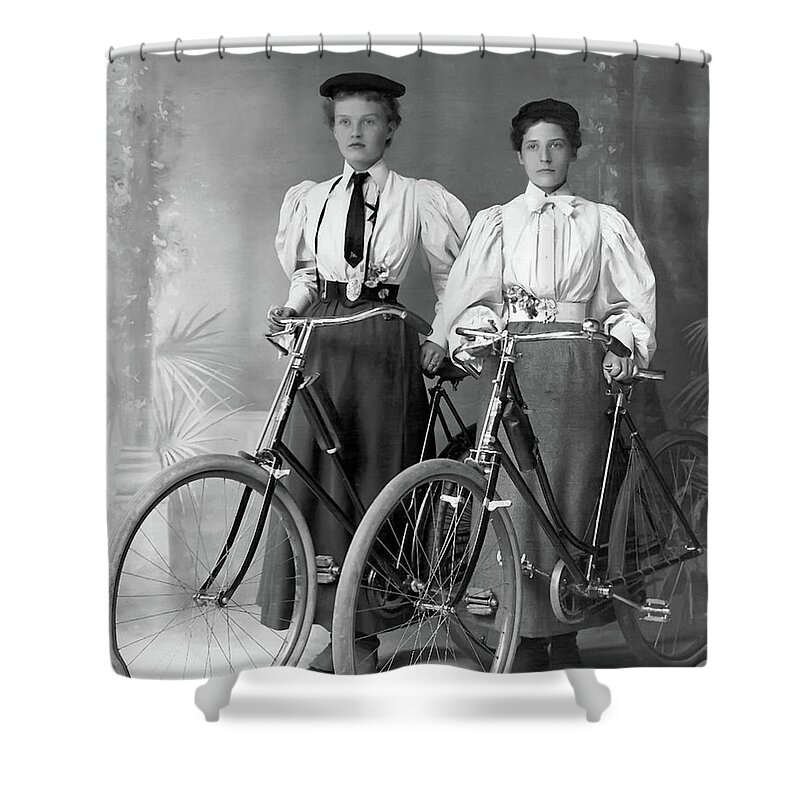 Gift Shower Curtain featuring the photograph Two Young Ladies with their Bicycles circa 1895 by Anthony Murphy