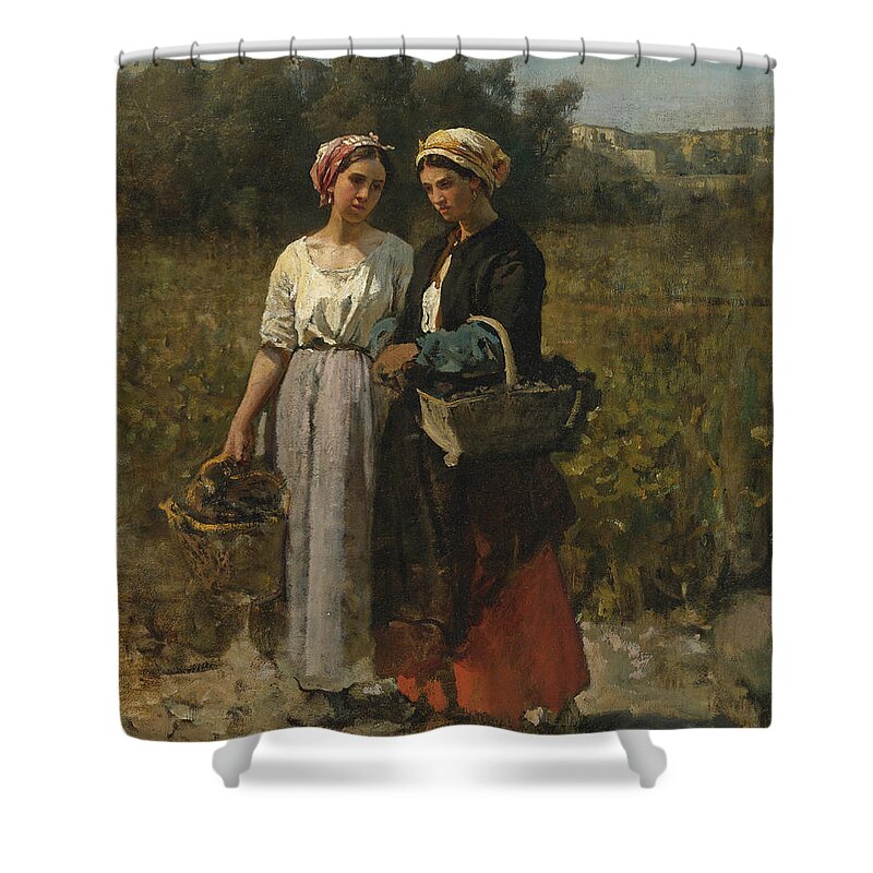 Jules Breton Shower Curtain featuring the painting Two Young Women picking Grapes by Jules Breton