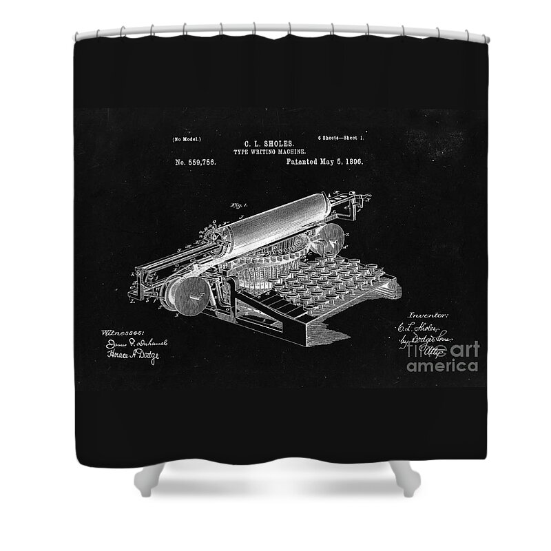 Typewriter Shower Curtain featuring the drawing Type writing machine patent from 1896 - black by Delphimages Photo Creations