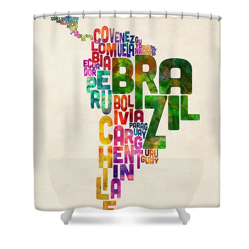South America Map Shower Curtain featuring the digital art Typography Map of Central and South America by Michael Tompsett