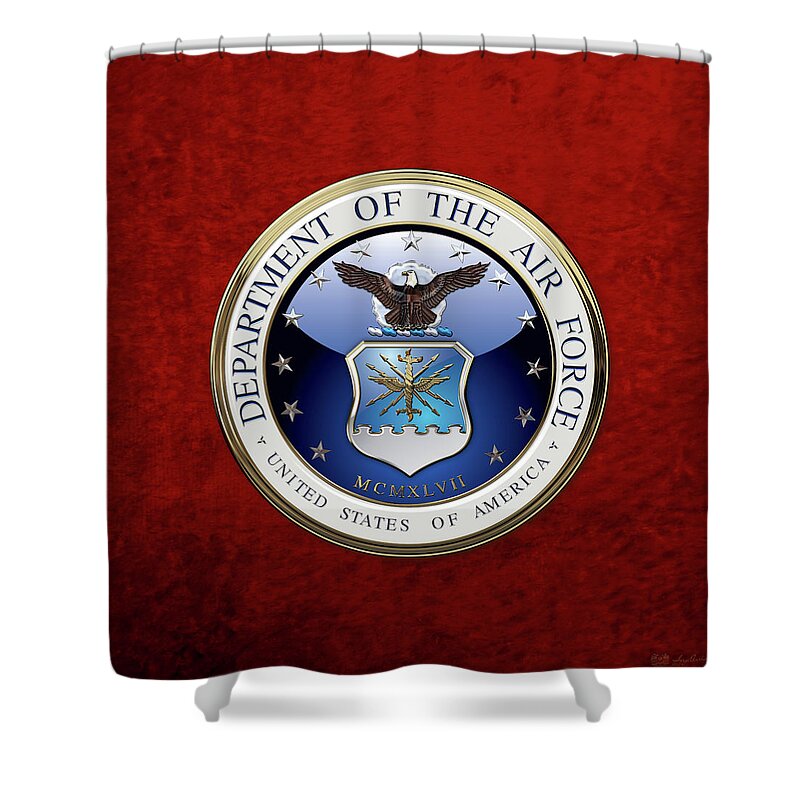 'military Insignia 3d' By Serge Averbukh Shower Curtain featuring the digital art U. S. Air Force - U S A F Emblem over Red Velvet by Serge Averbukh