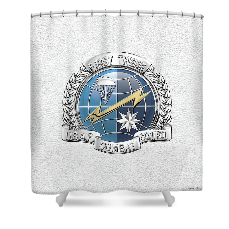 'military Insignia & Heraldry' Collection By Serge Averbukh Shower Curtain featuring the digital art U. S. Air Force Combat Control Teams - Combat Controller C C T Badge over White Leather by Serge Averbukh