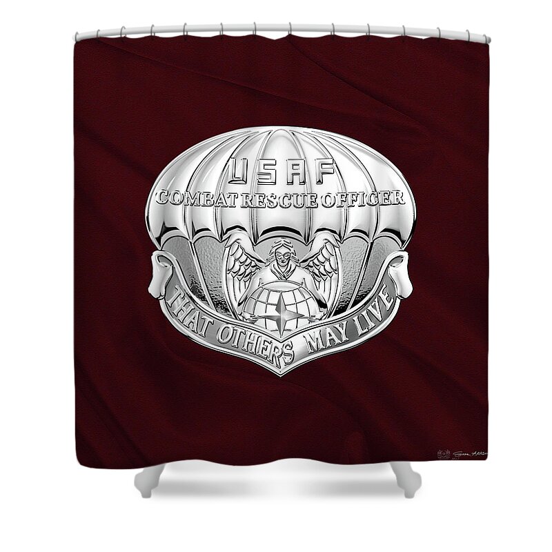 'military Insignia & Heraldry' Collection By Serge Averbukh Shower Curtain featuring the digital art U. S. Air Force Combat Rescue Officer - C R O Badge over Maroon Felt by Serge Averbukh