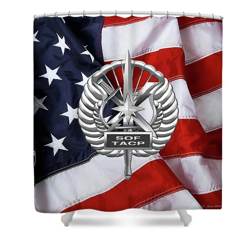'military Insignia & Heraldry' Collection By Serge Averbukh Shower Curtain featuring the digital art U. S. Air Force Tactical Air Control Party - USAF Special Tactics TACP Badge over American Flag by Serge Averbukh