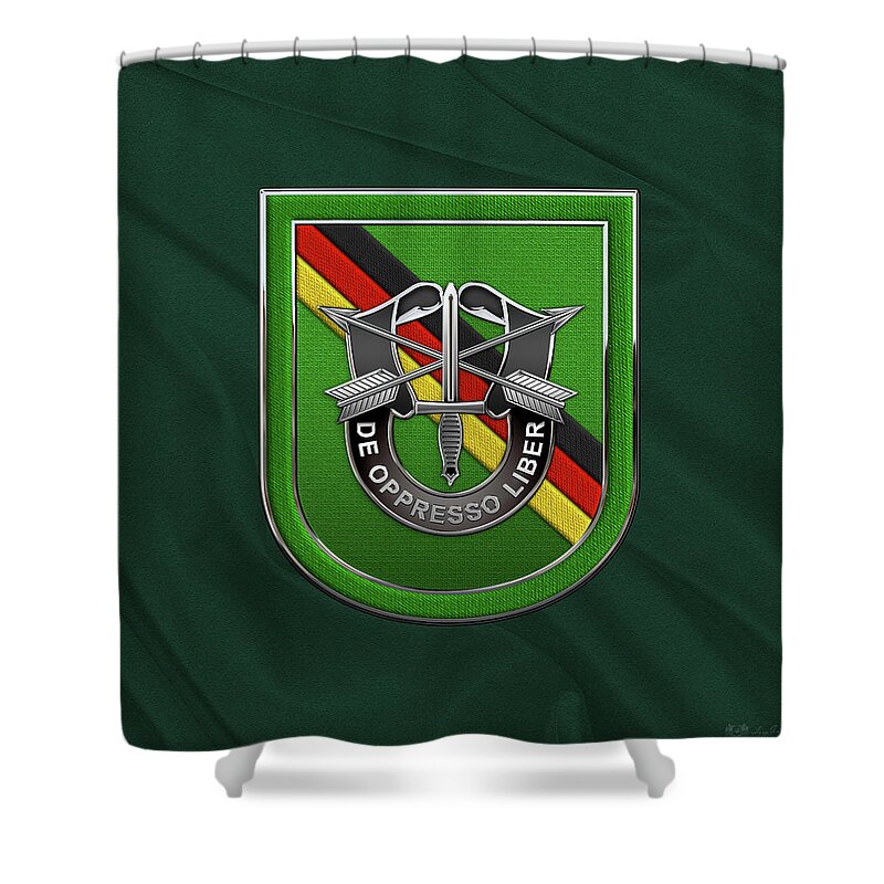 'u.s. Army Special Forces' Collection By Serge Averbukh Shower Curtain featuring the digital art U. S. Army 10th Special Forces Group Europe - 10 S F G Beret Flash over Green Beret Felt by Serge Averbukh