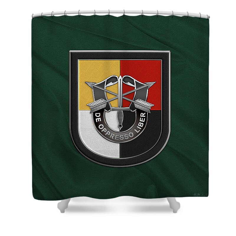 'u.s. Army Special Forces' Collection By Serge Averbukh Shower Curtain featuring the digital art U. S. Army 3rd Special Forces Group - 3 S F G Beret Flash over Green Beret Felt by Serge Averbukh