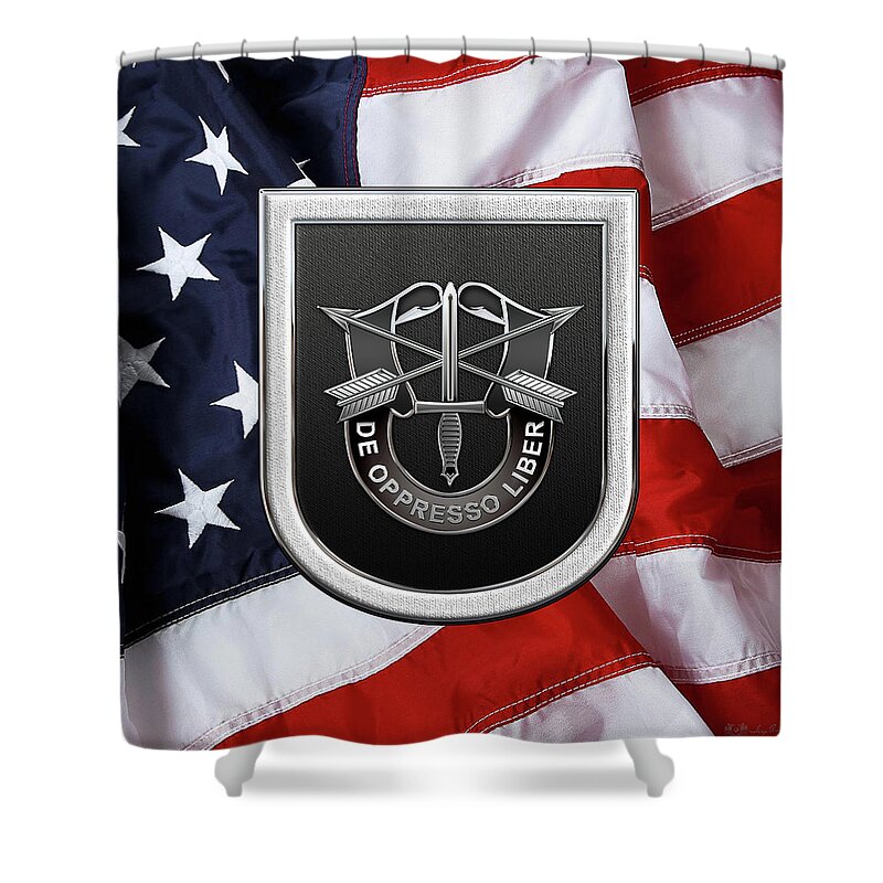 'u.s. Army Special Forces' Collection By Serge Averbukh Shower Curtain featuring the digital art U. S. Army 5th Special Forces Group - 5 S F G Beret Flash over American Flag by Serge Averbukh