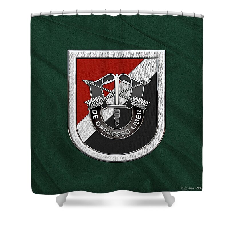 'u.s. Army Special Forces' Collection By Serge Averbukh Shower Curtain featuring the digital art U. S. Army 6th Special Forces Group - 6th S F G Beret Flash over Green Beret Felt by Serge Averbukh