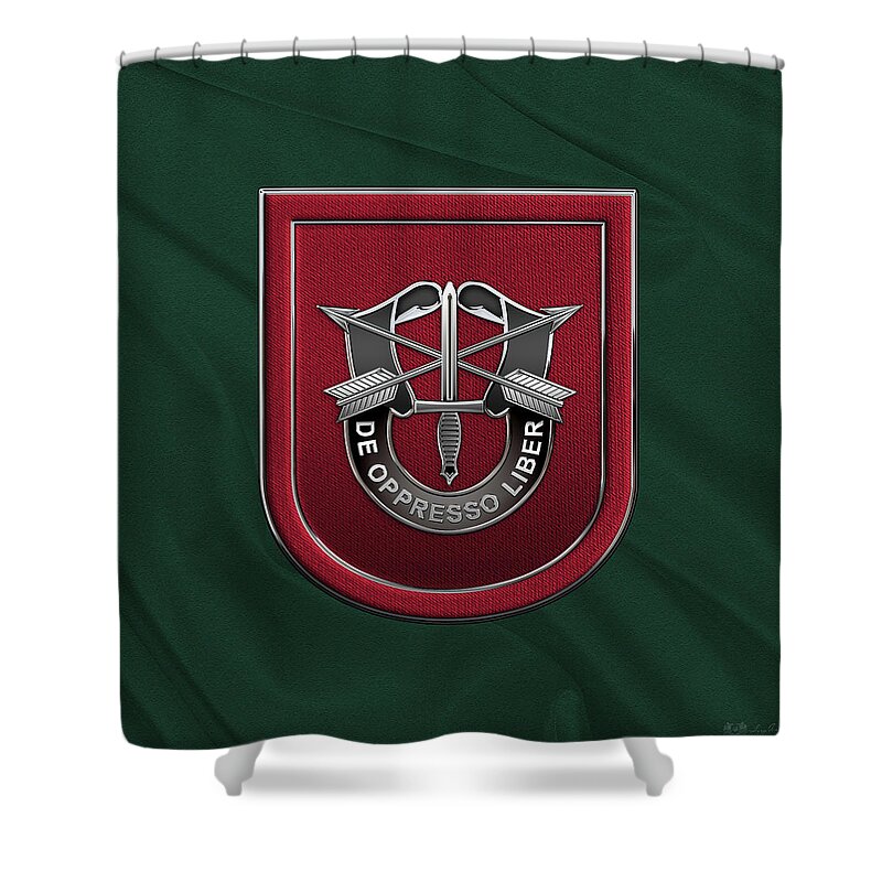 'u.s. Army Special Forces' Collection By Serge Averbukh Shower Curtain featuring the digital art U. S. Army 7th Special Forces Group - 7 S F G Beret Flash over Green Beret Felt by Serge Averbukh