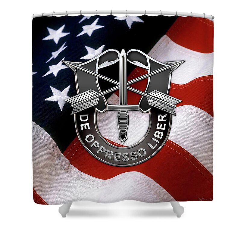 'military Insignia & Heraldry' Collection By Serge Averbukh Shower Curtain featuring the digital art U. S. Army Special Forces - Green Berets D U I over American Flag by Serge Averbukh