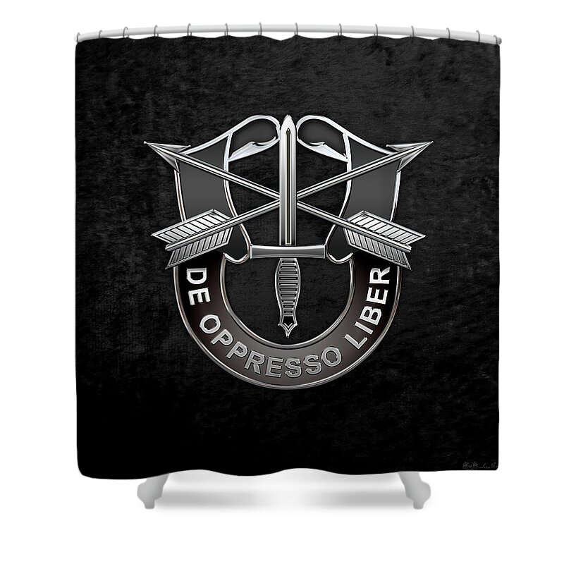 'military Insignia & Heraldry' Collection By Serge Averbukh Shower Curtain featuring the digital art U. S. Army Special Forces - Green Berets D U I over Black Velvet by Serge Averbukh
