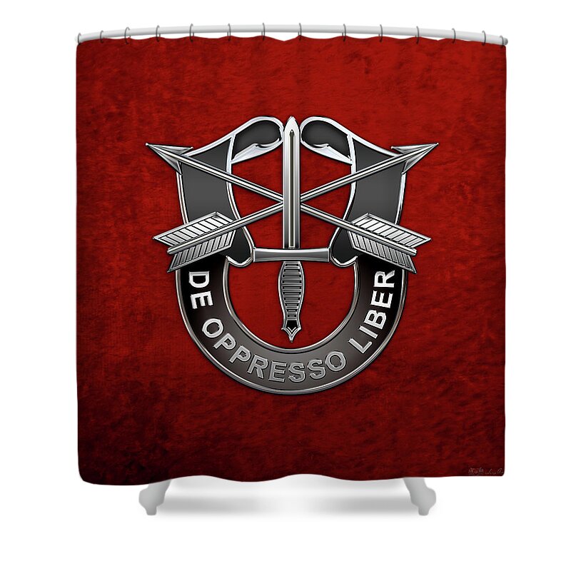 'military Insignia & Heraldry' Collection By Serge Averbukh Shower Curtain featuring the digital art U. S. Army Special Forces - Green Berets D U I over Red Velvet by Serge Averbukh