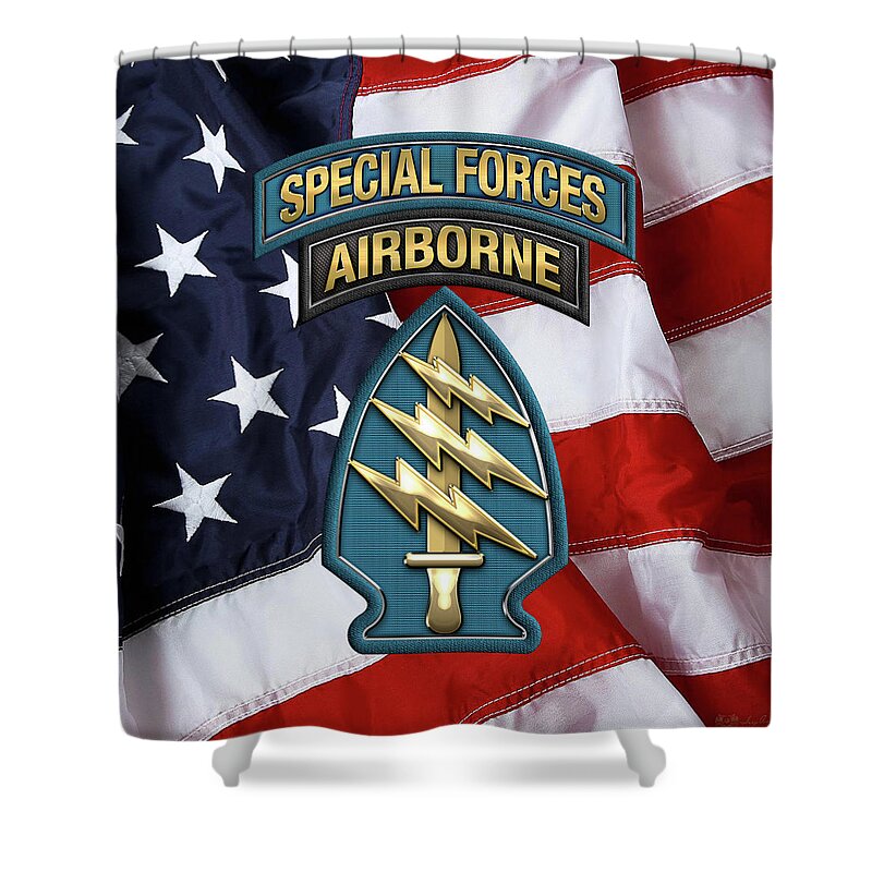 'military Insignia & Heraldry' Collection By Serge Averbukh Shower Curtain featuring the digital art U. S. Army Special Forces - Green Berets S S I over American Flag by Serge Averbukh